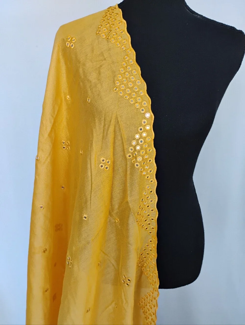 Yellow Embroidered Cotton Women Dupatra With Mirror Embellishments